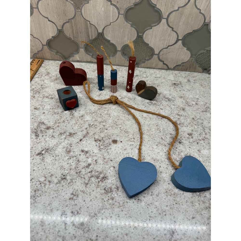 Rustic Patriotic Wooden Decor Set Hearts Firecrackers Americana Tiered Tray 7pc